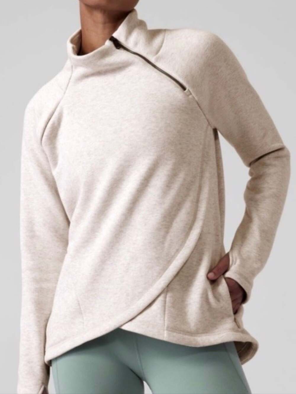 Athleta Cozy Karma Asymmetric Pullover Oatmeal Heather